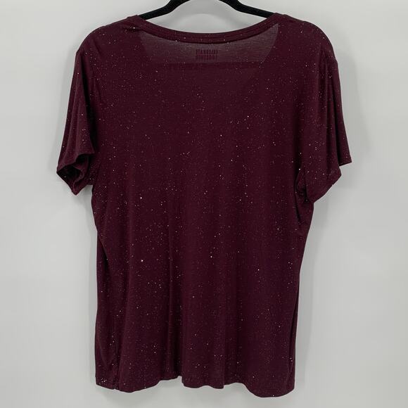 Womens XL Top V-Neck Plum w/Silver Glitter Short Sleeve Stretch Soft Party - Picture 2 of 9